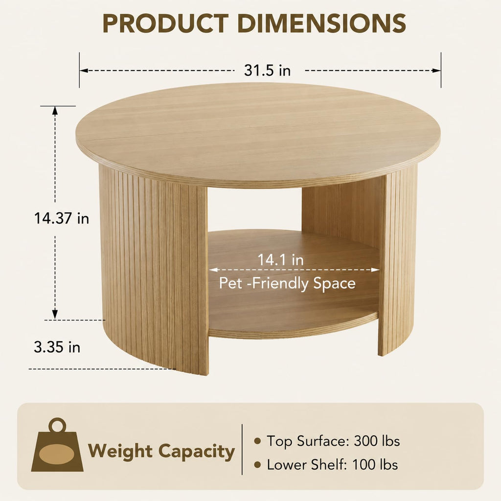 Round Coffee Table with Storage, 31.5" Modern Fluted Center Table, 2-Tier Mid Century Coffee Table, Wood Circle Table