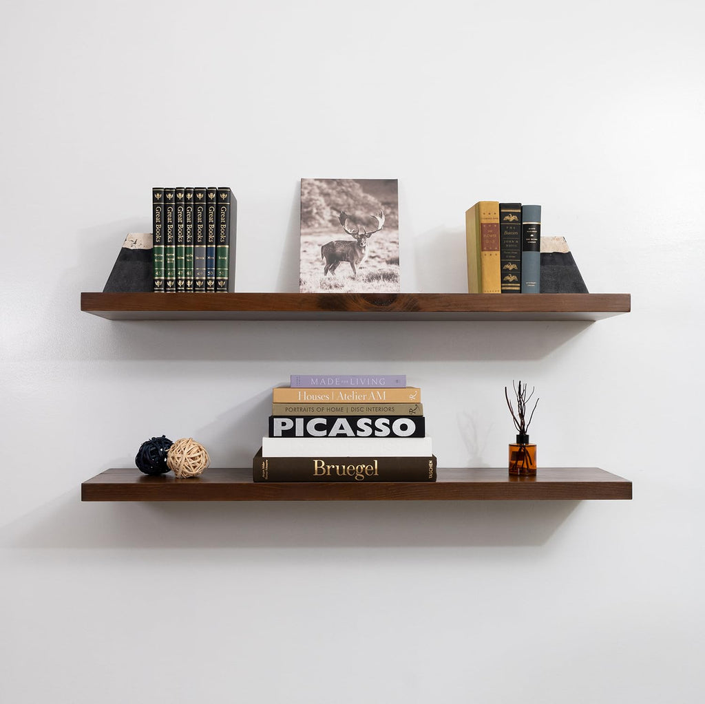 Rustic Floating Shelves, Set of 2, Hidden Bracket, Solid Wood, Heavy Duty, Wall Mounted Shelves, (Provincial, 24Wx12D)