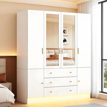 4 Doors LED Wardrobe Closet, 75" Tall Modern Armoire with Mirror & 3 Drawers, Wooden Armoire Wardrobe Closet