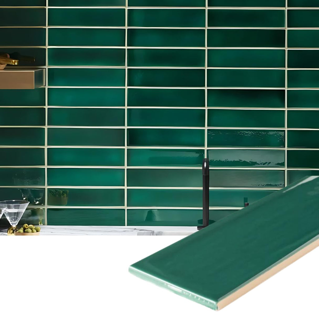 Montevista Dark Green Forest 3x12 Ceramic Handmade Wall Tile Glossy Backsplash, Bathroom Shower, Accent Decor