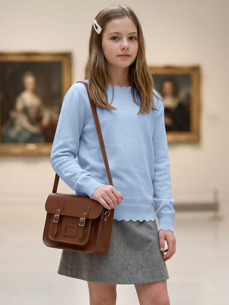 Sweaters Long Sleeve Crewneck Scalloped Trim Sweaters