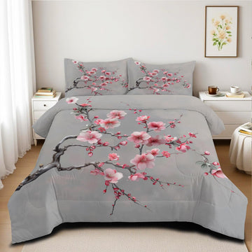 Cherry Blossom Comforter Set Queen Japanese Style Gray and Pink Floral Bedding Set Japan Bedroom Deccor Bedding