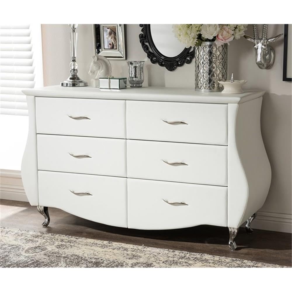 Enzo Modern & Contemporary Faux Leather 6-Drawer Dresser, Medium, White