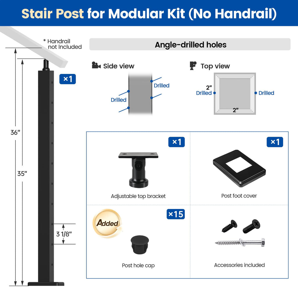 36in Black Modular Cable Railing Stair Post Surface Mount RW41