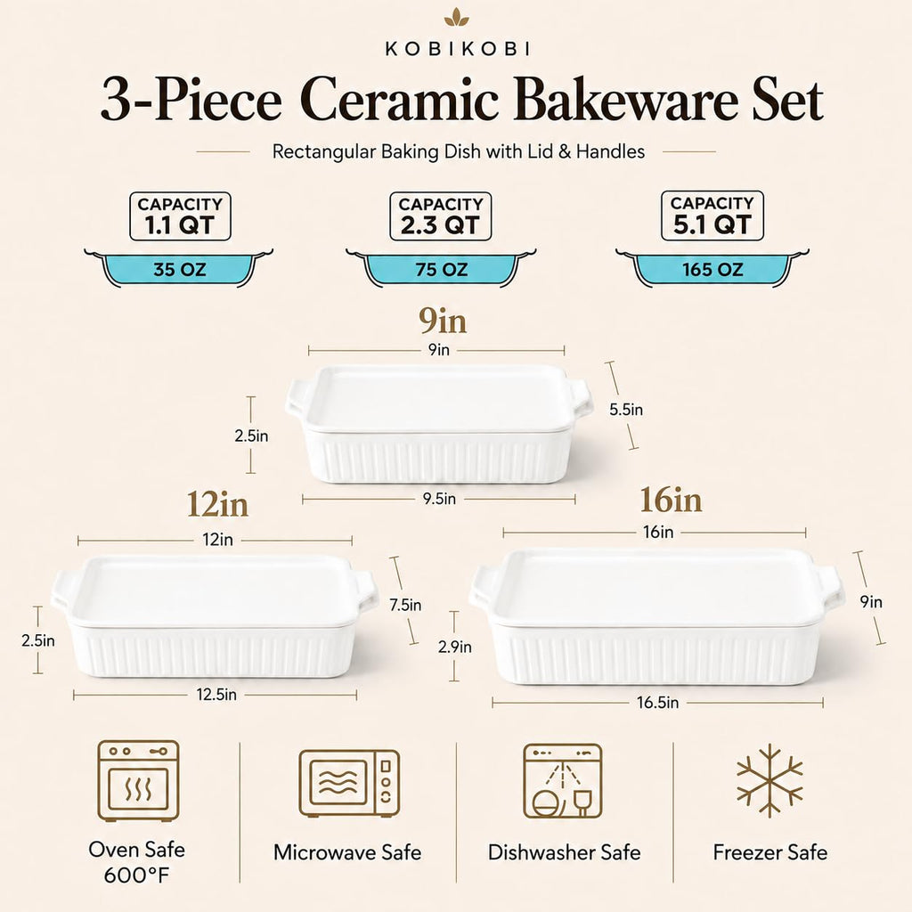 Rectangular Ceramic Baking Dish Set with Lids, Casserole Dishes for Oven