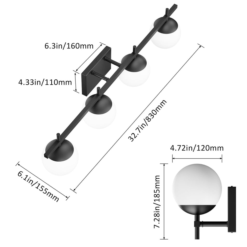Black Vanity Lights Milky Glass Mid Century Modern Bathroom Vanity Wall Light Over Mirror, Black 4-Lights