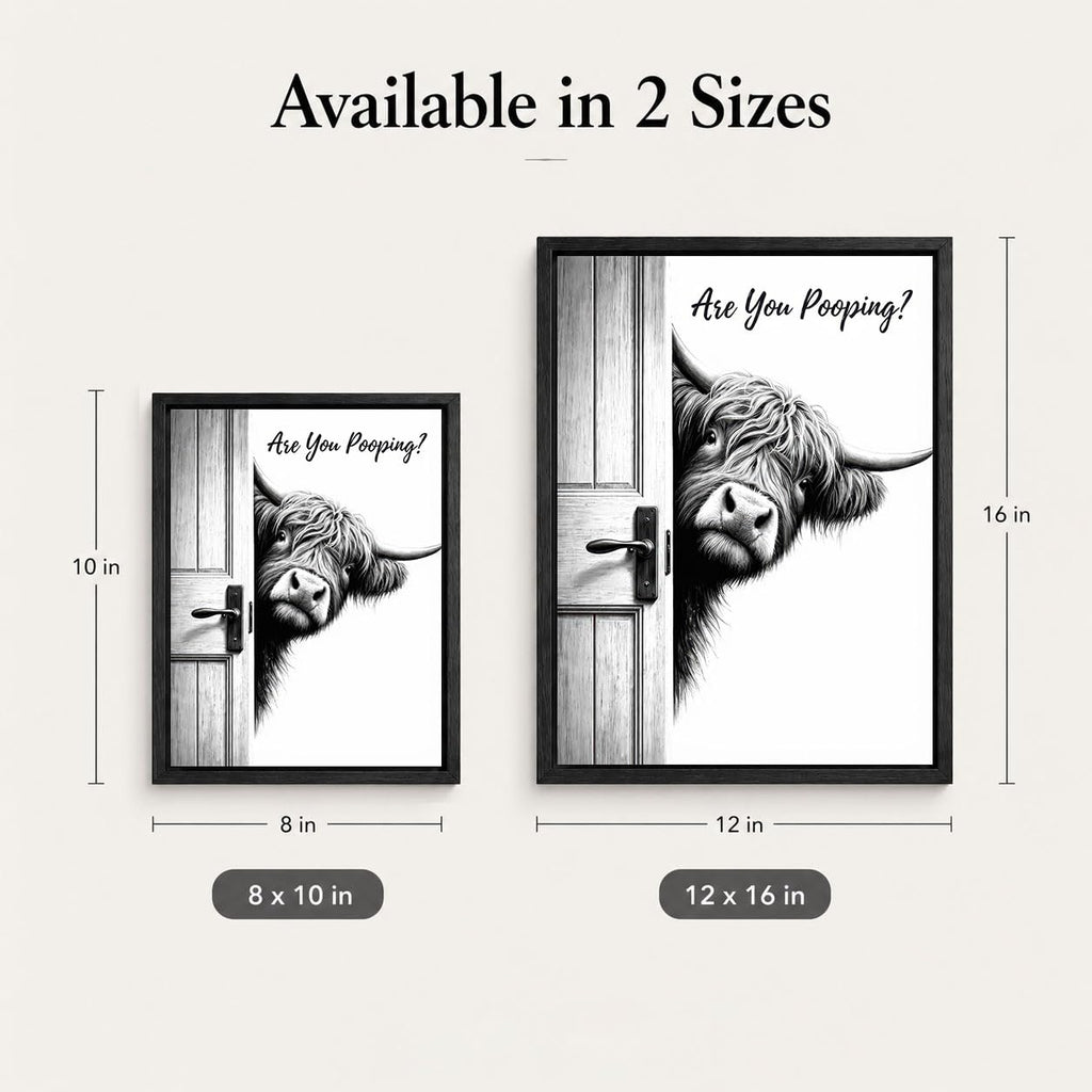 Framed Funny Bathroom Wall Art, Highland Cow Are You Pooping Canvas Print, Black and White Humor Bathroom Animal