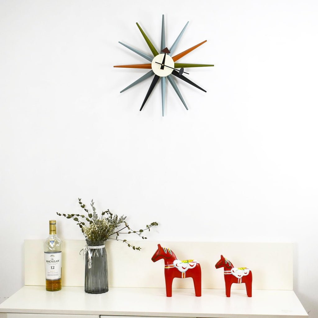Large Sunburst Wall Clock 18 Inch, Mid Century Modern