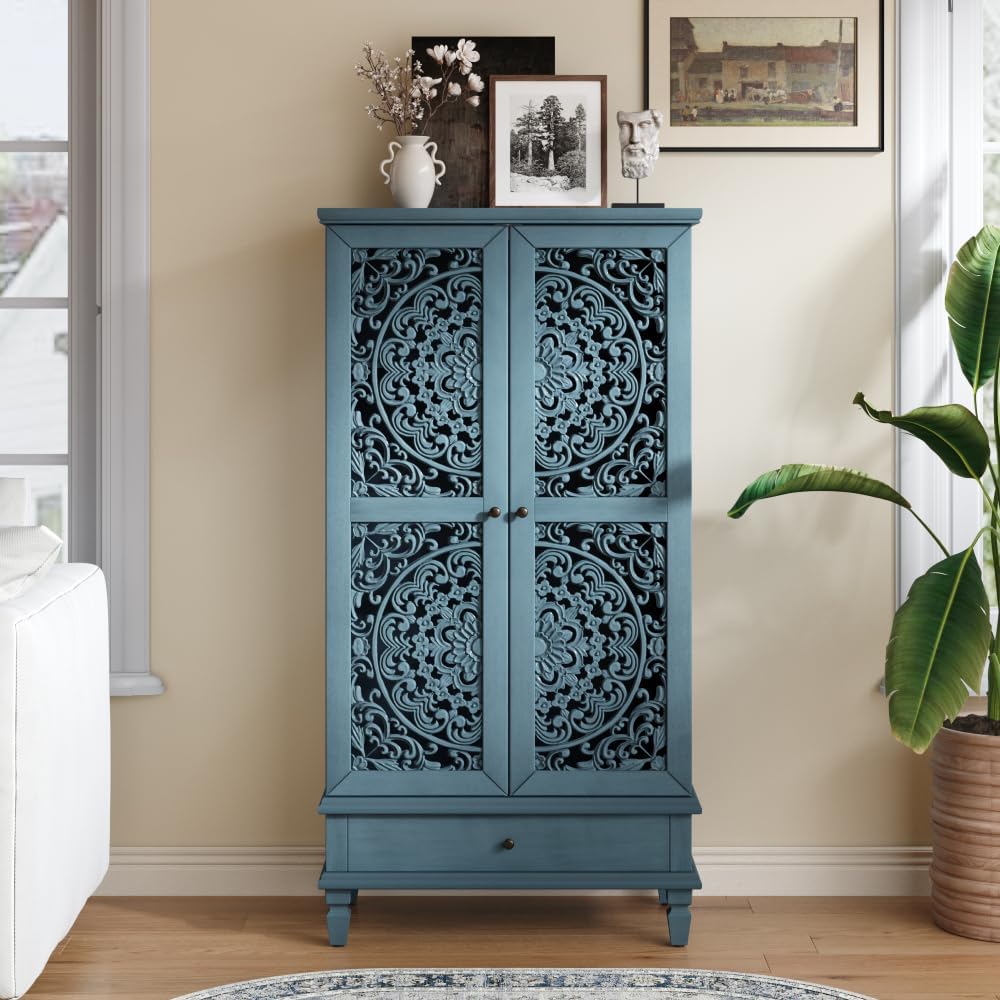 Rustic 55'' Tall Storage Cabinet with Drawer, Decorative 2-Door Carved Wood Accent Cabinet with Solid Wood Legs