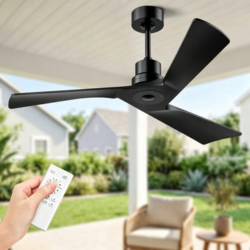 Inspired Adler Style 52" Solid Wood Ceiling Fan Without Light, 3 Sculpted Blades, Quiet DC Motor, 6-Speed Remote - Black