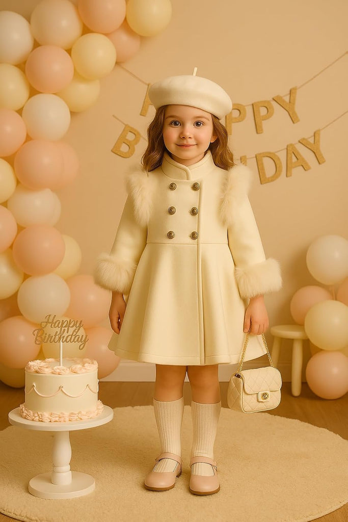 Girls double breasted faux fur dress coat peacoat toddler outfit birthday spring photoshoot easter