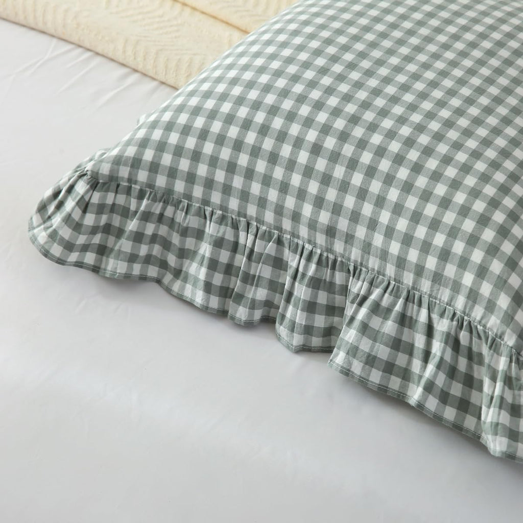 Dusty Green Gingham Plaid Ruffle Throw Pillow Covers 20"x20"