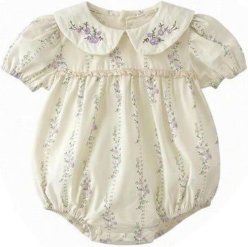 Baby Girl Vintage Floral Romper Embroidered Peter Pan Collar Bubble Short Sleeve Cotton Bodysuit Cute Summer Outfits