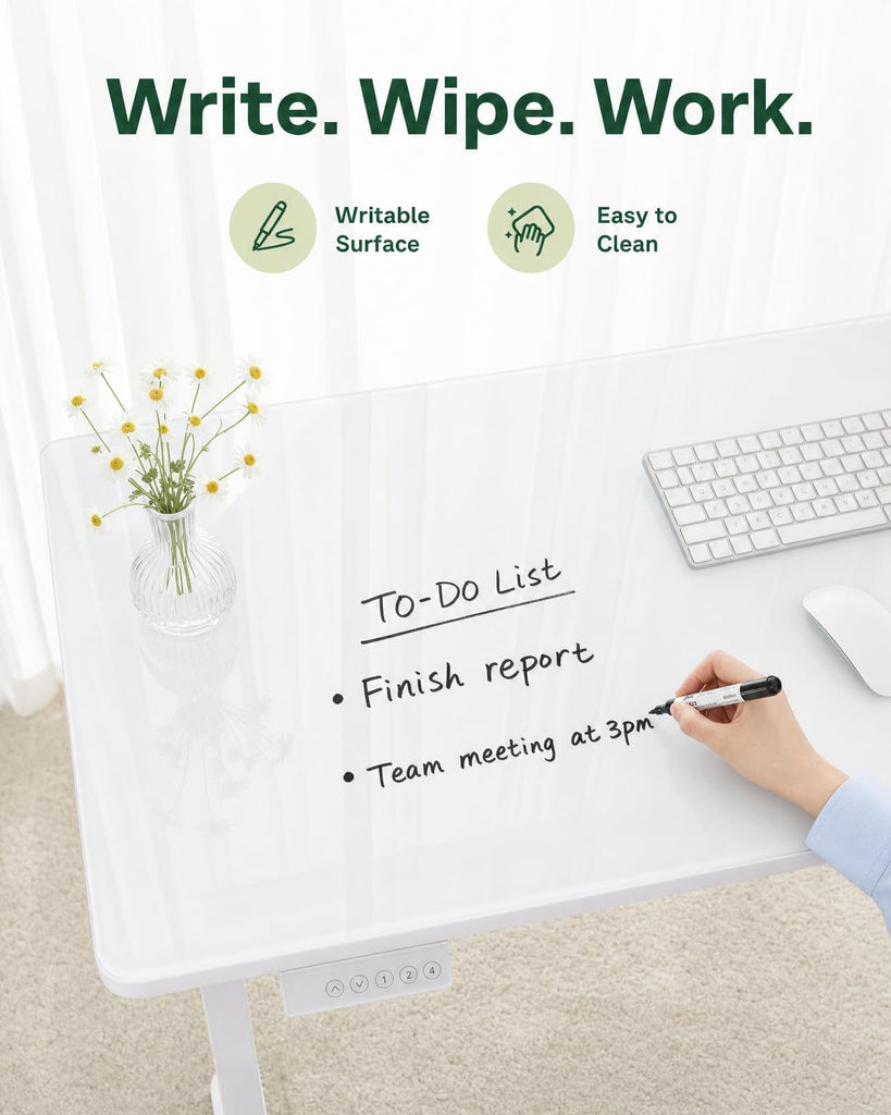 37 Inch Glass Standing Desk with 4-Zone Drawer Storage, Pearl White