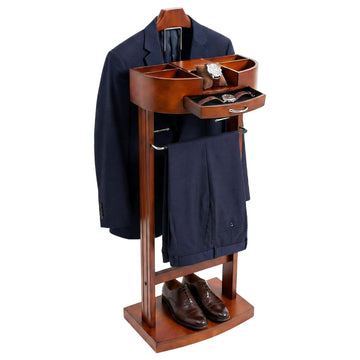 Wooden Suit Rack with Drawer and Top Tray, Floor Standing Clothing Valet Stand with Base, Pants Rack and Tie Racks