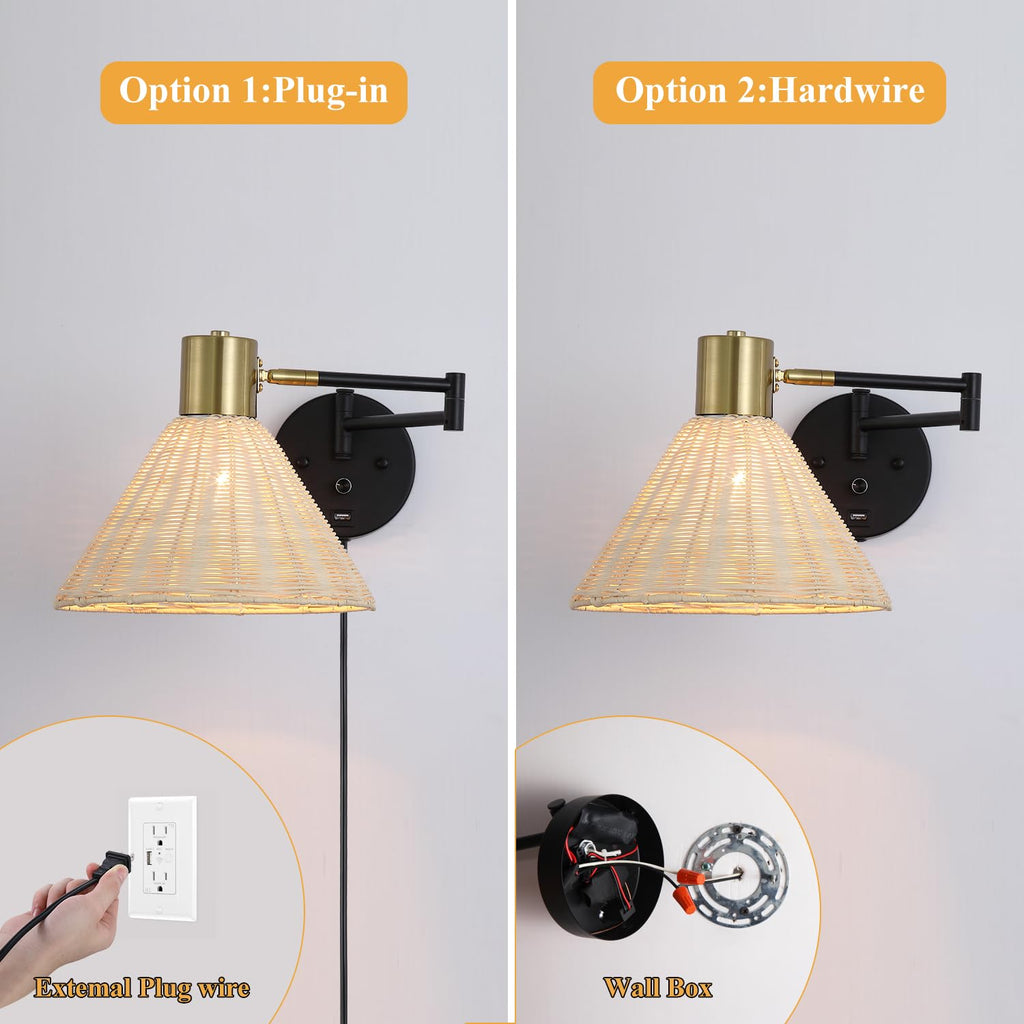 Plug in Rattan Wall Sconce Swing Arm Wall Lamp, Black