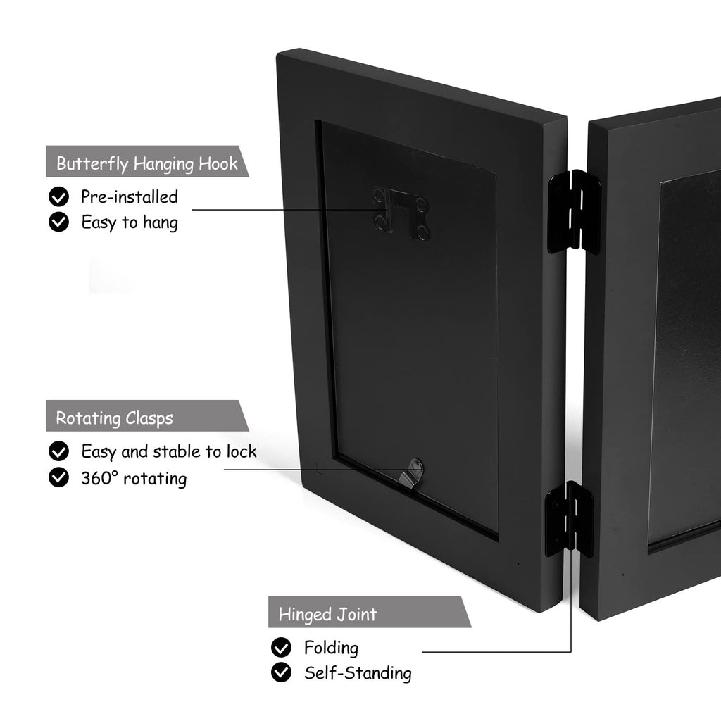 5x7 Double Horizontal Hinged Wood Picture Frame Folding Photo Frame with Real Glass Front in Black for Tabletop