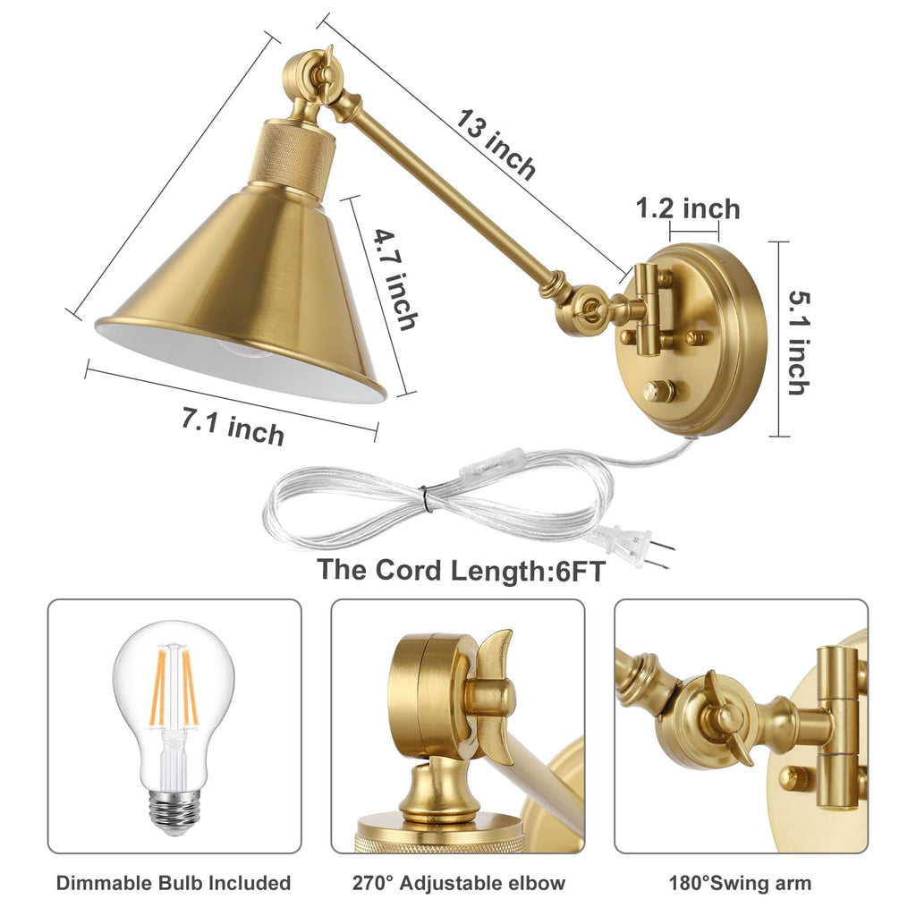 Wall Sconce Plug in, Dimmable Wall Sconces Set of 2 Wall Lights with Plug in Cord and Dimmer On/Off Knob Switch