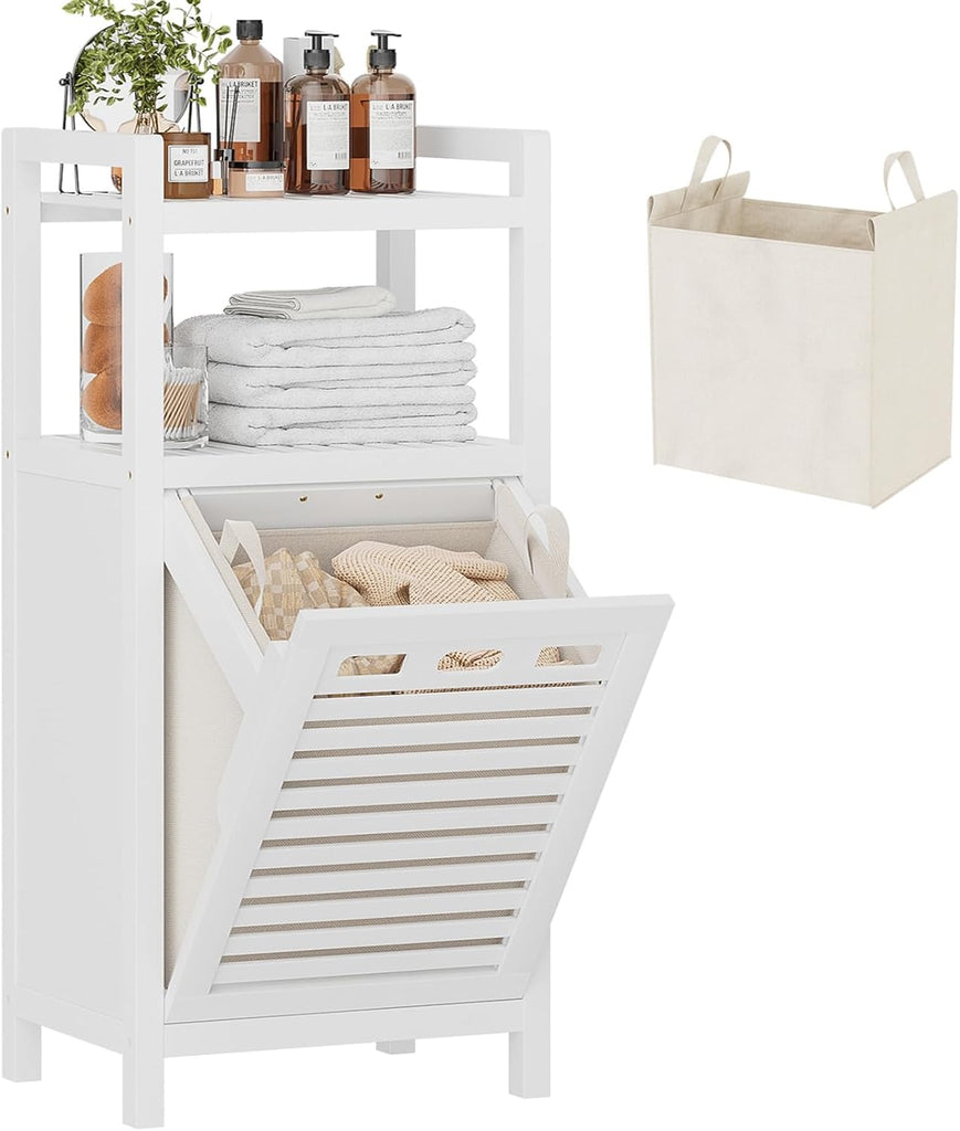 Tilt Out Laundry Hamper, 10 Gal Bamboo Laundry Storage Cabinet with Removable Basket, Hidden Hamper Organizer with