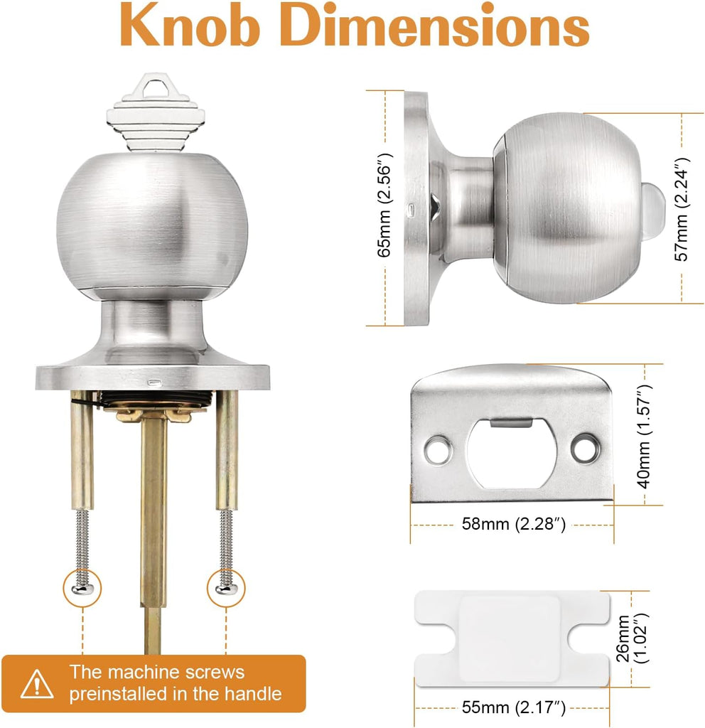 Brushed Nickel One Keyway Ball Door Knobs Entry Lock with Keys, 3 Pack Keyed Alike Door Locksets, Interior Exterior
