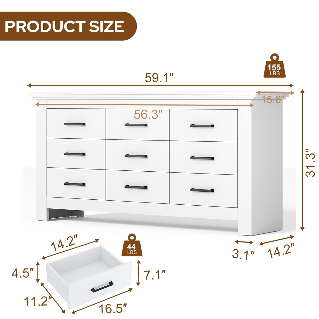 9 Drawer, Wood Chests of Drawers with Metal Handle, Triple Wide Dressers, Vintage Design Storage Chest Cabinet and