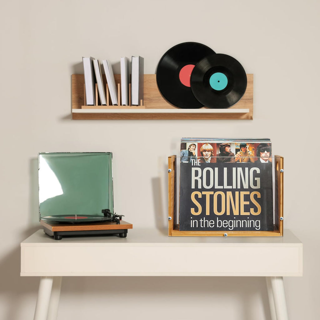 2-Pack Vinyl Record Storage Box, Bamboo & Acrylic Crate