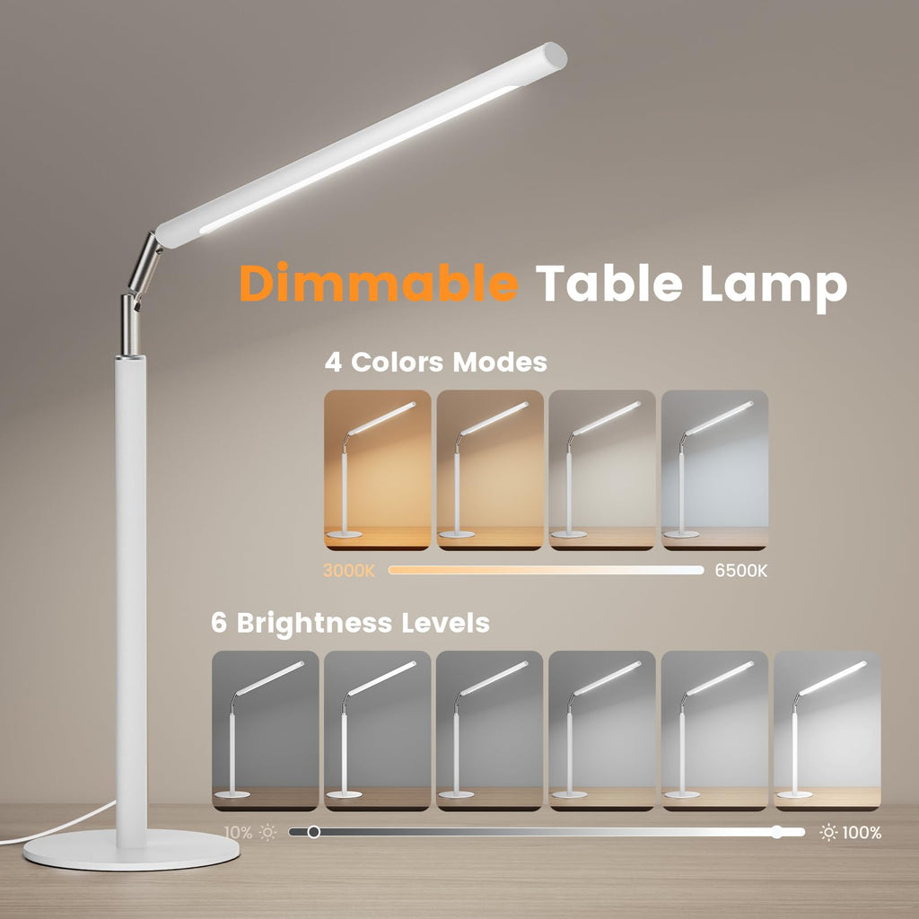 White LED Desk Lamp, 16" Dimmable Metal Desk Light with Base, 15W 1200LM, Adapter Included, Color & Brightness