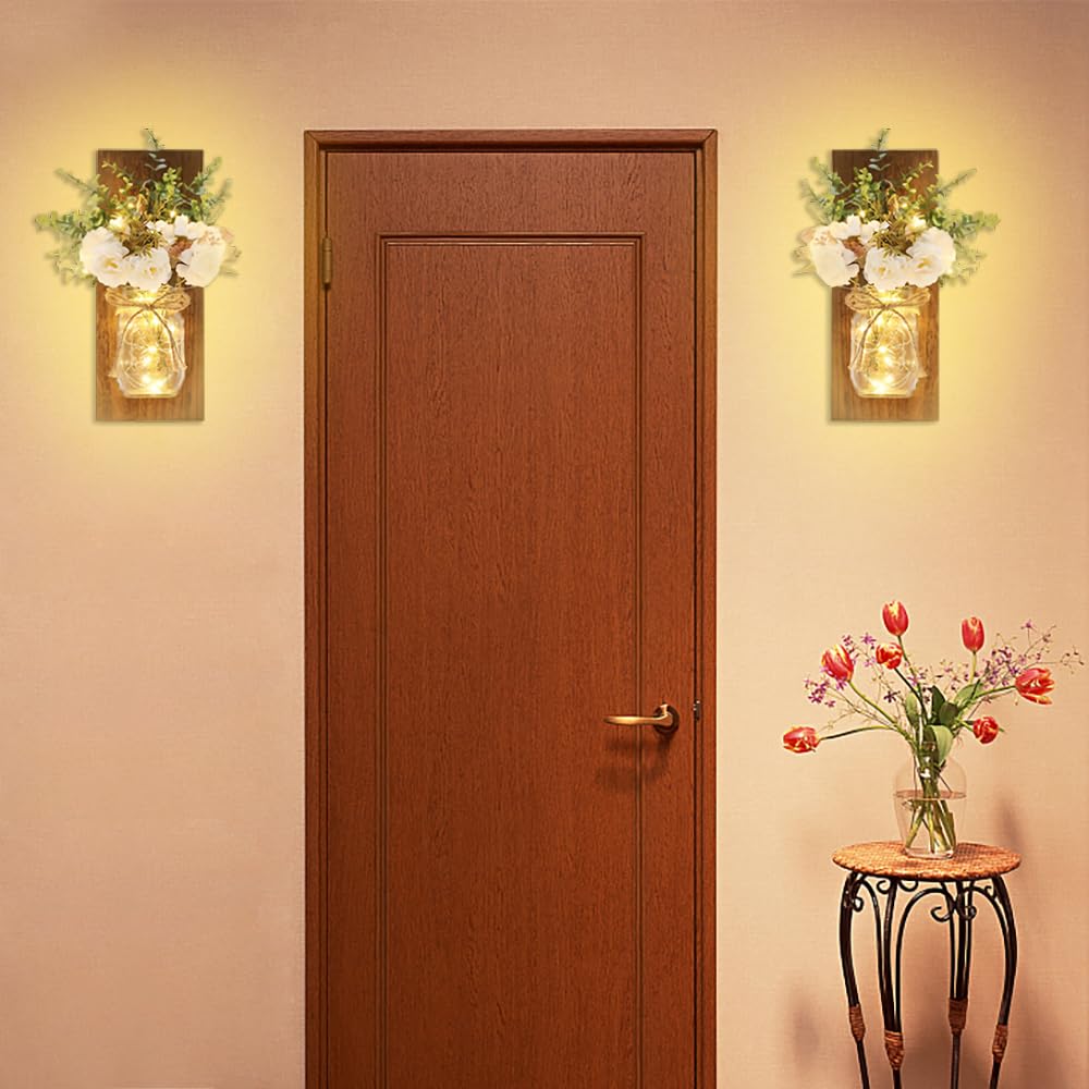 Sconces Mason Jar Sconces Handmade Wall Art Hanging Design with Remote Control LED Fairy Lights and White Peony, Wall