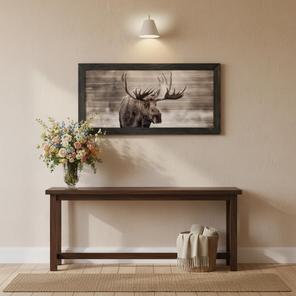 Large Moose Wall Art, Rustic Framed Wood Wildlife Print Decor, 40x20 Inch