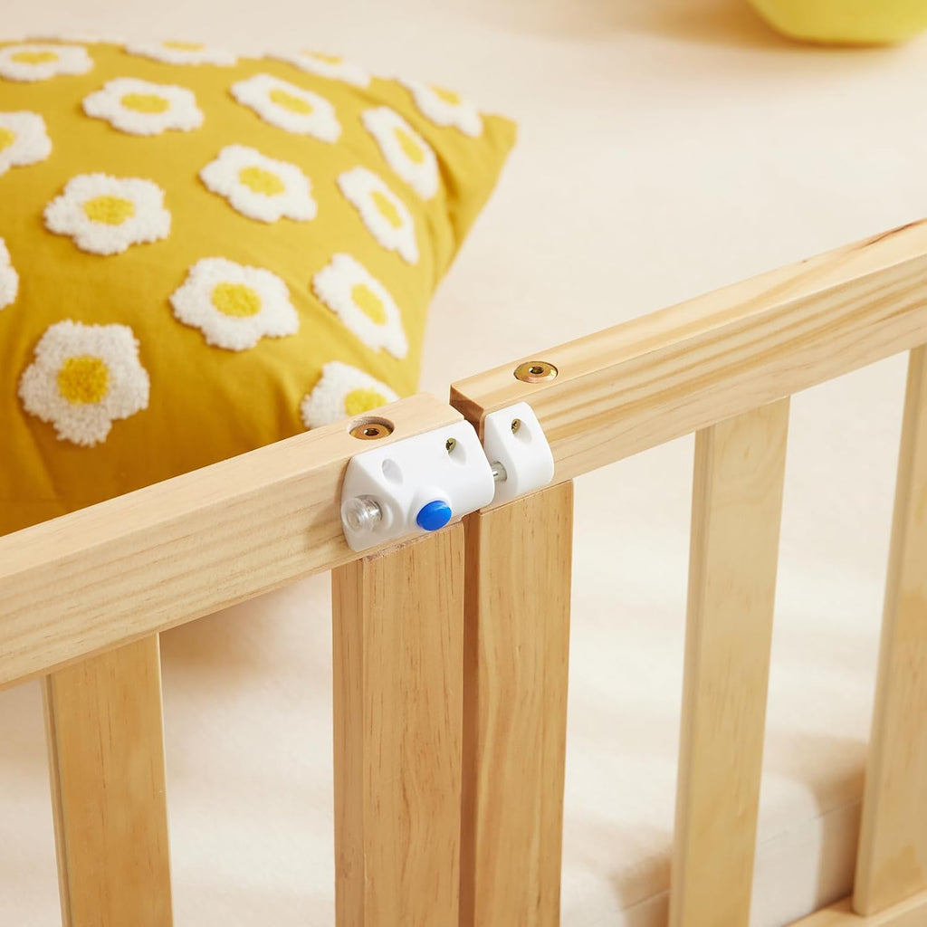 Montessori Floor Bed, Solid Wood Kids Bed Frame with Slats, Door and Safety Guardrails, 2 Door Latches, No