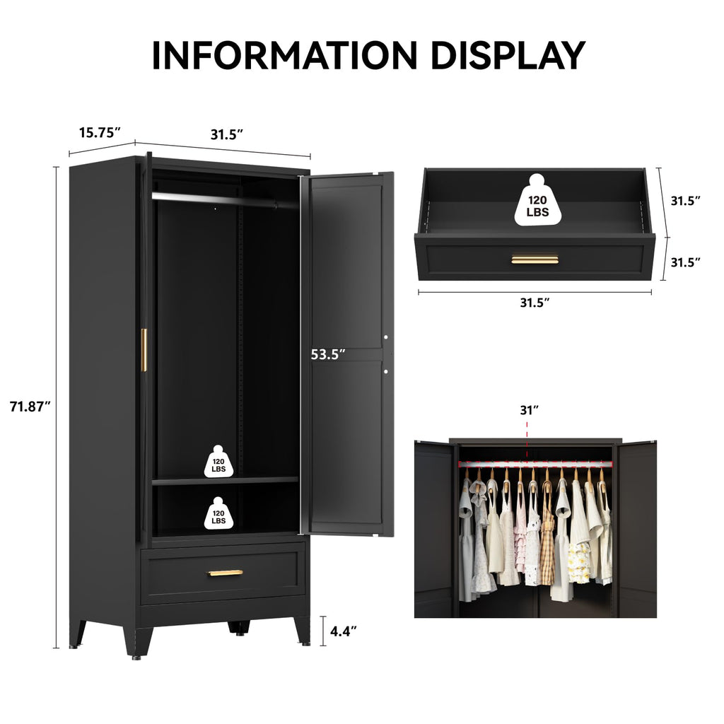 71 Farmhouse Metal Wardrobe Closet with Hanging Rod, 2 Barn Doors, Adjustable Shelves, Steel Armoire with Drawer Black