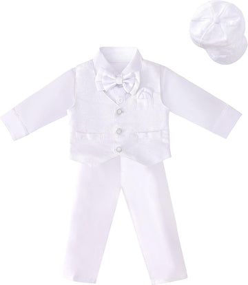 Infant Baby Boy Christening Clothing Baptism Outfit All White Suit Set with Bonnet Months, Long Sleeve