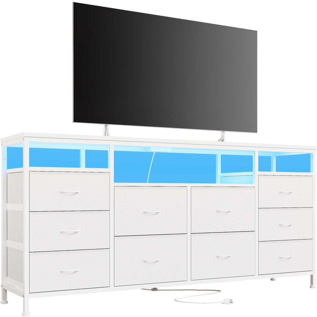 Dresser with LED Lights & Power Outlets, 63 Inch TV Stand Dressers with 10 Fabric Drawers, Entertainment Center with