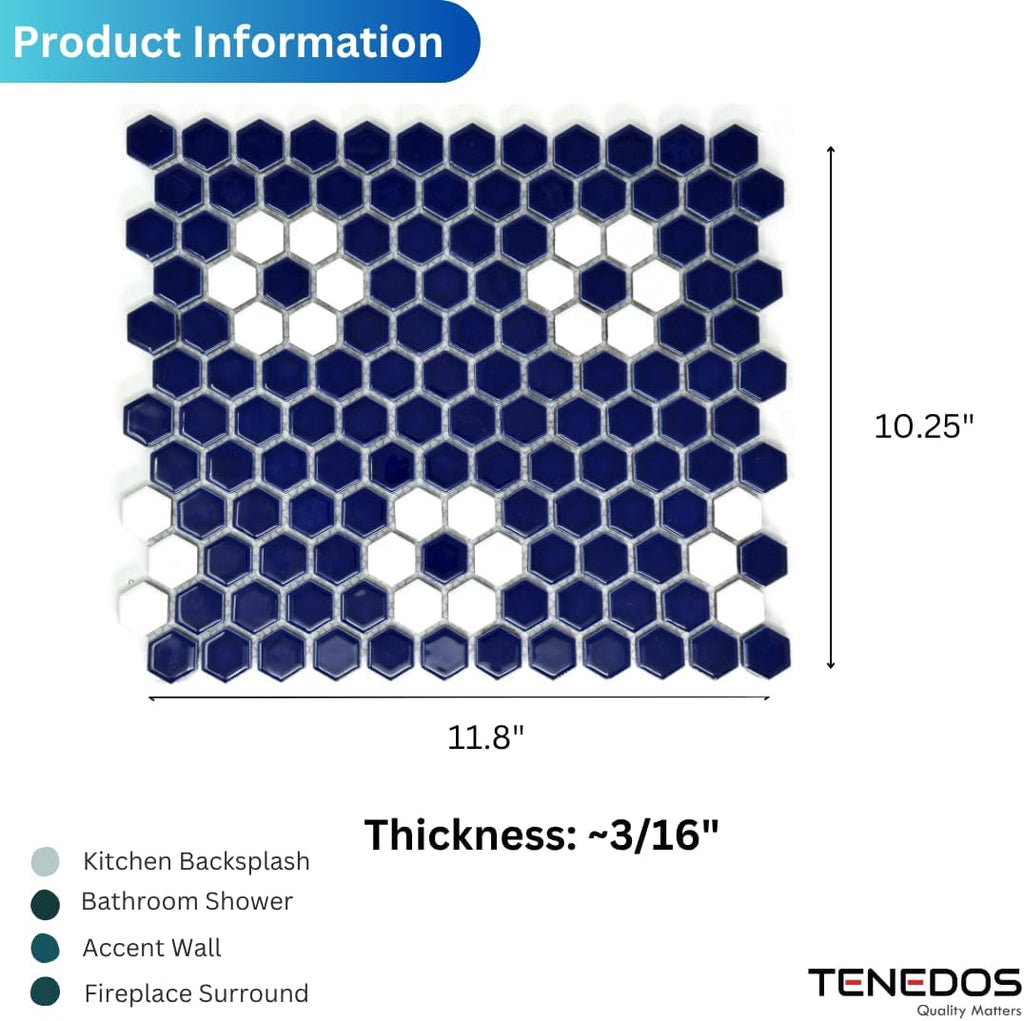 Hexagon Glossy Cobalt Blue with White Flower Pattern Porcelain Mosaic Tile - Wall & Floor Tile for Backsplash