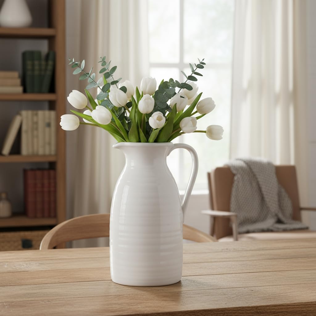 Farmhouse Pitcher Vase for Flowers- Ceramic Pitcher White Flower Vase for Your Kitchen/Home