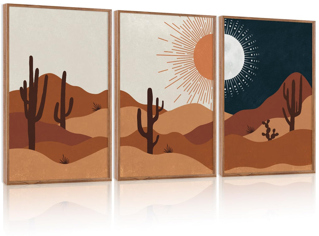 Boho Desert Framed Canvas Wall Art, Abstract Sun Moon Wall Decor, Modern Cactus Landscape Painting, Mid Century