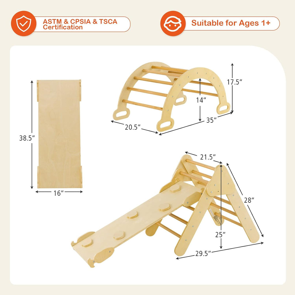 5 in 1 Wooden Climbing Toys for Toddlers, Triangle Climber with Ramp for Sliding or Climbing, Indoor Beech Montessori