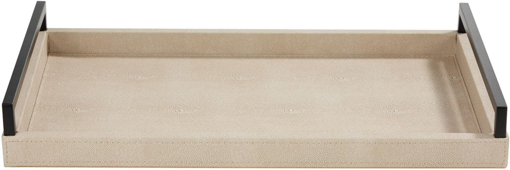 Sagala Ivory Shagreen Serving Tray for Ottoman, Faux Leather Wooden Decorative Tray with Black Handle for Coffee
