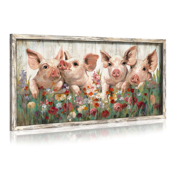 Pig Wooden Framed Wall Art: Rustic Farmhouse Artwork Funny Cute Pink Piggy Farm Animal Picture Print Countryside