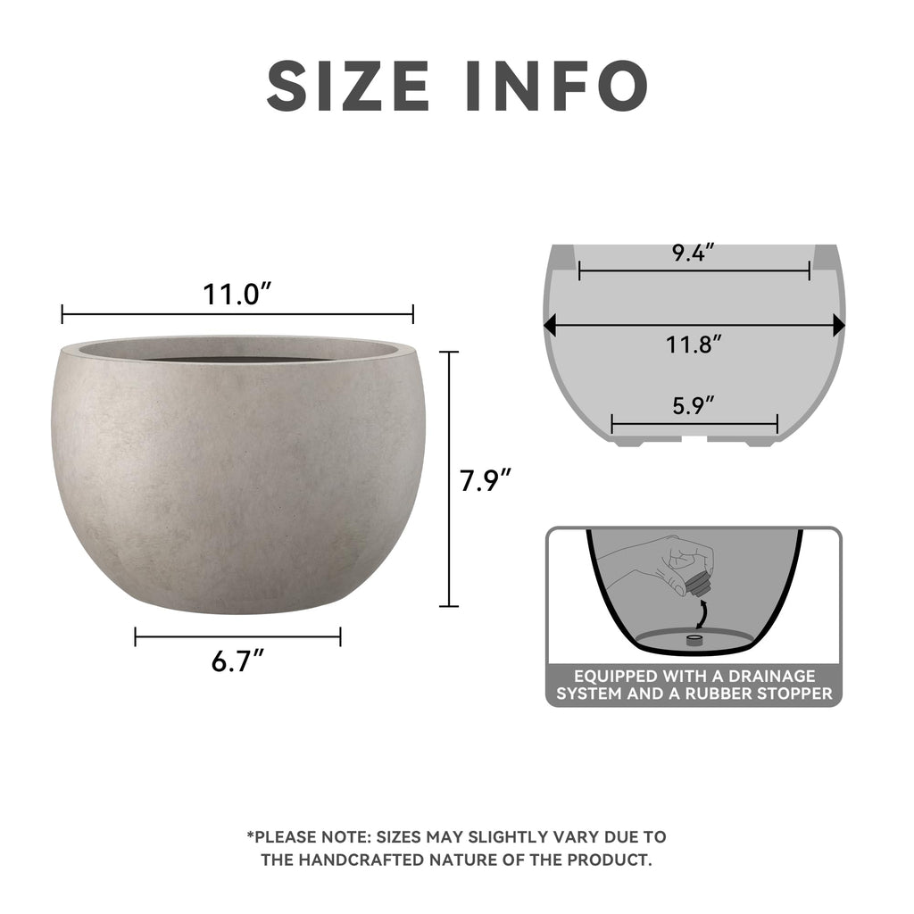 7.9" Tall Round Bowl Concrete Planter, Weathered Finish