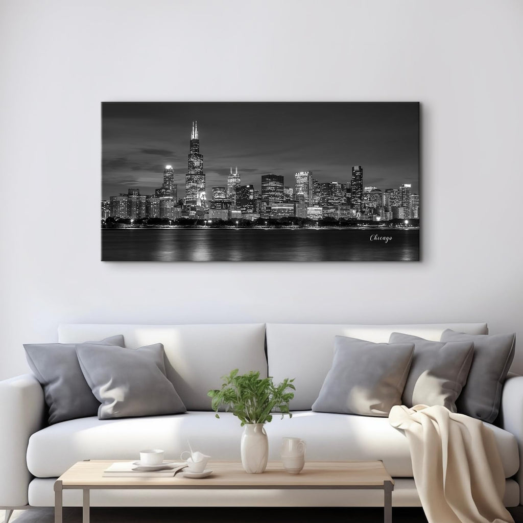 Chicago Skyline Wall Black and White City Canvas Prints Modern Cityscape Painting Posters Chicago City Center Night