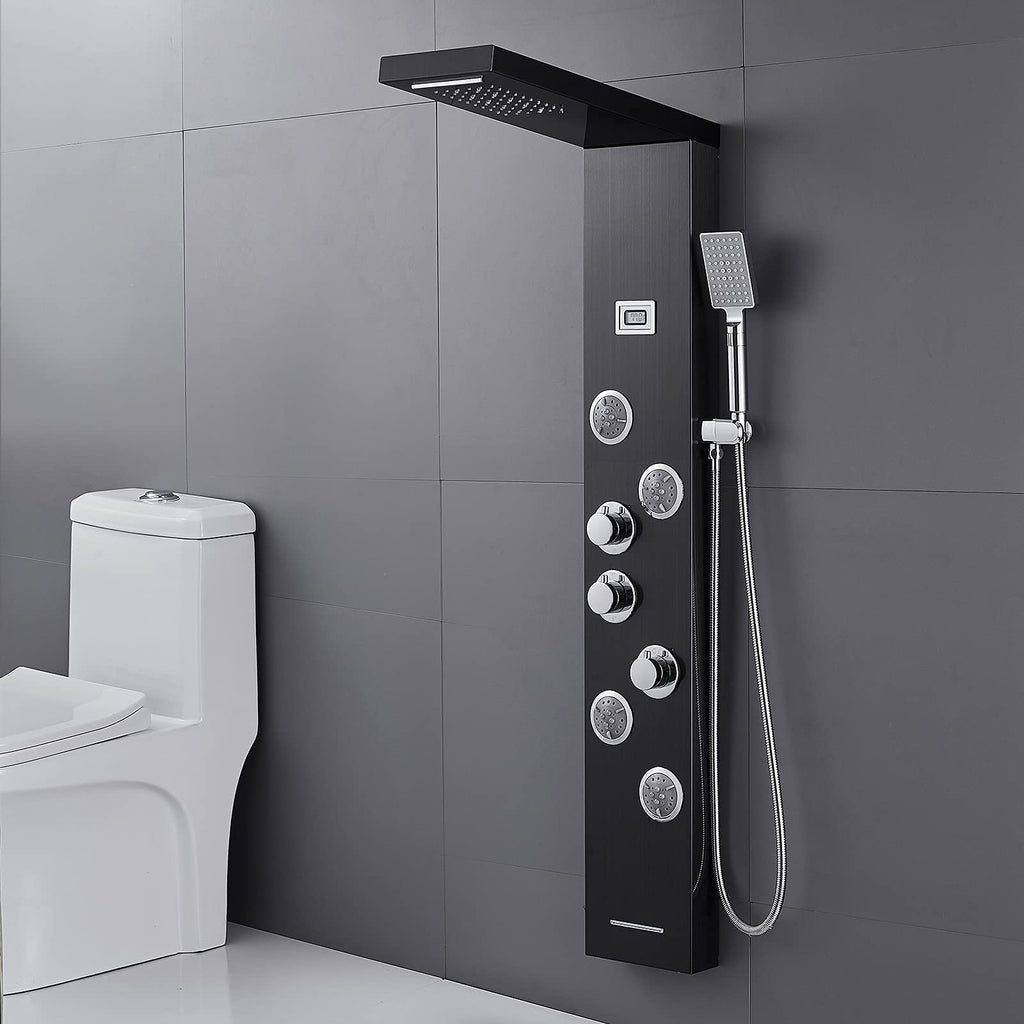 5-in-1 LED Shower Panel Tower System Stainless Steel Black