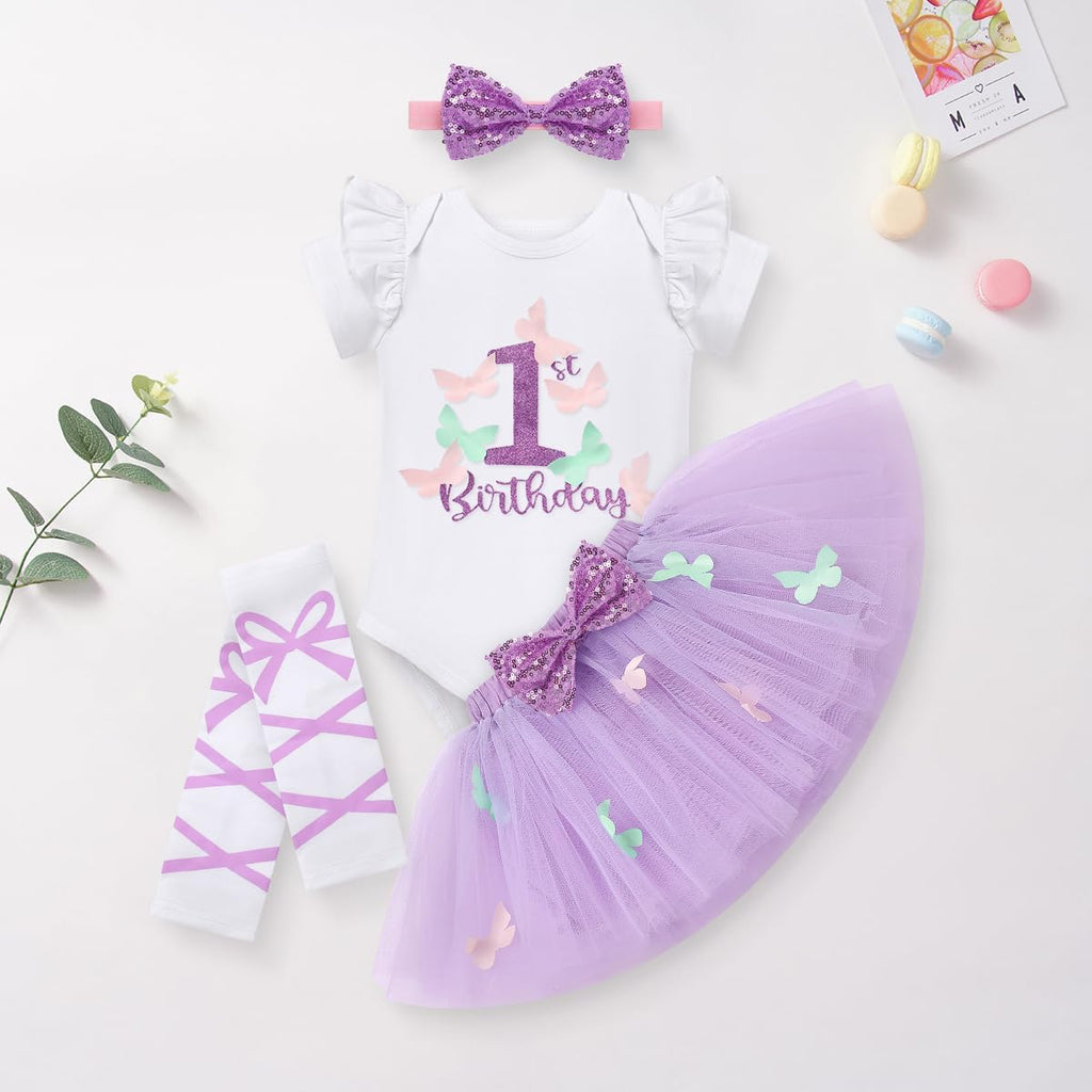 Baby Girl First Birthday Cake Smash Outfit Romper Princess Tutu Skirt Leg Warmers Headband Set
