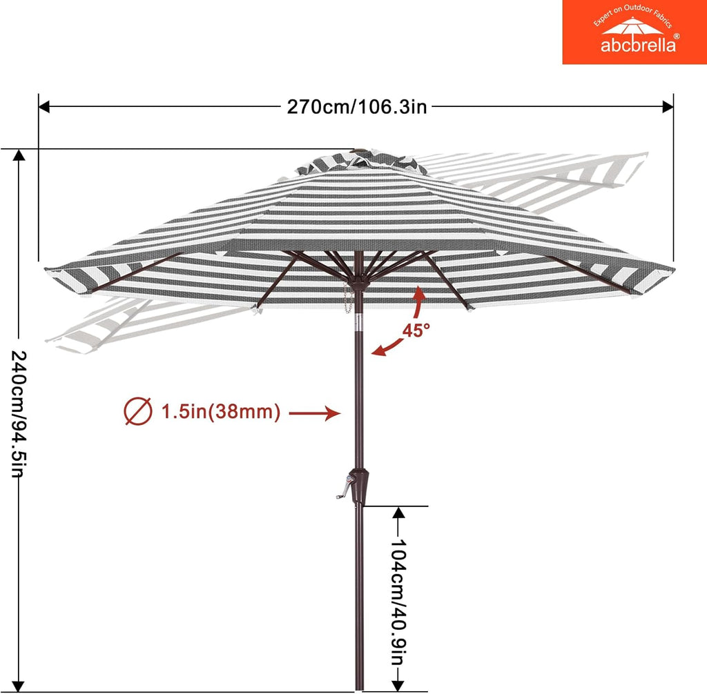 OLEFIN 5-Year No Fading 9FT Patio Umbrella, Outdoor Table Umbrella with 8 Sturdy Ribs (Gray Stripe)
