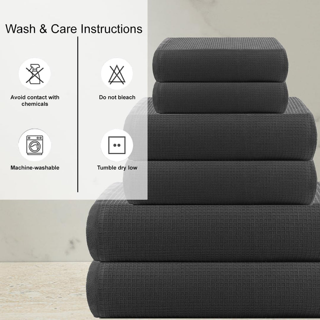 Waffle 6Pcs 100% Egyptian Cotton Large Designer Towels Gift Set- Silver Grey, 2Bath 2Hand 2Washcloths, Bath Towels