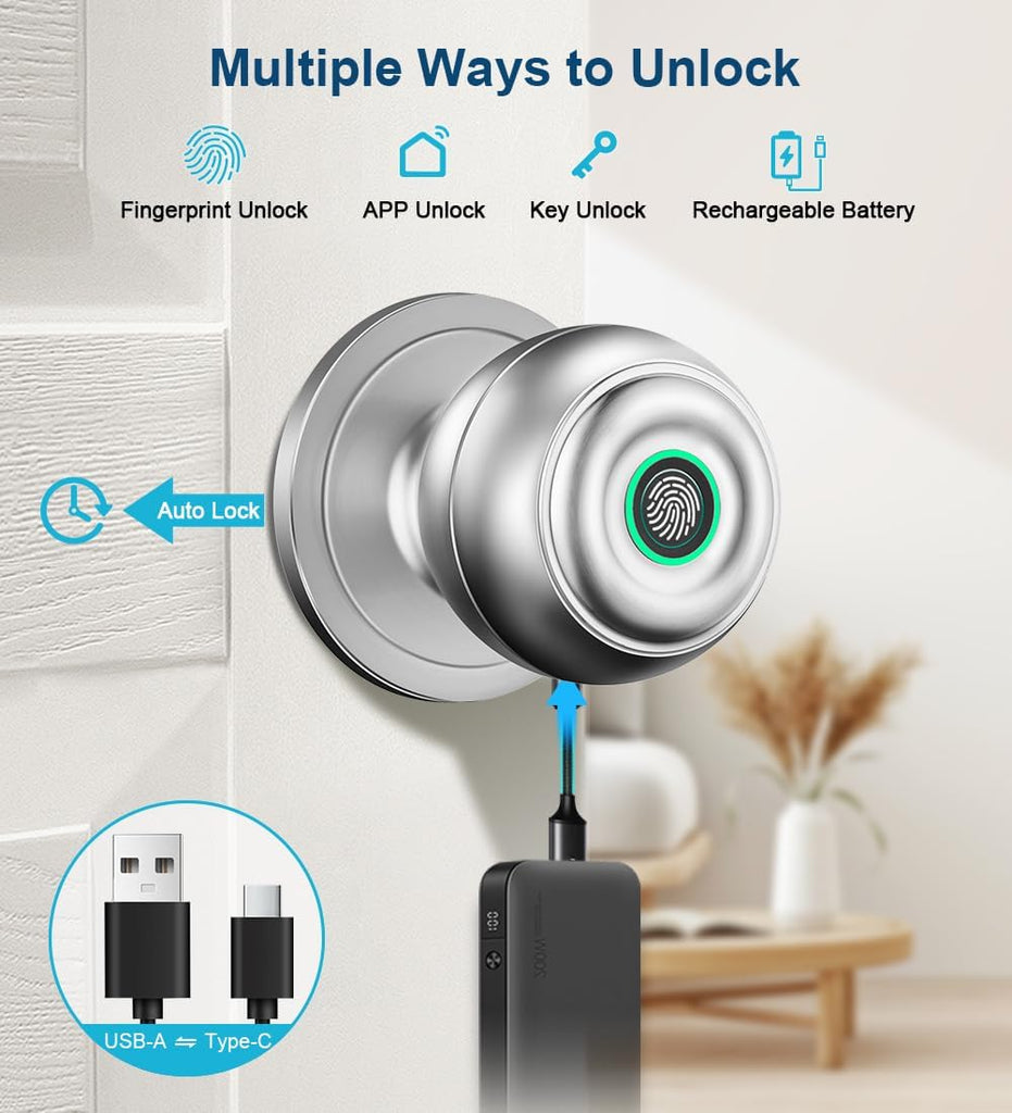 Fingerprint Door Lock, Smart Fingerprint Door Knob with Lock, Silver