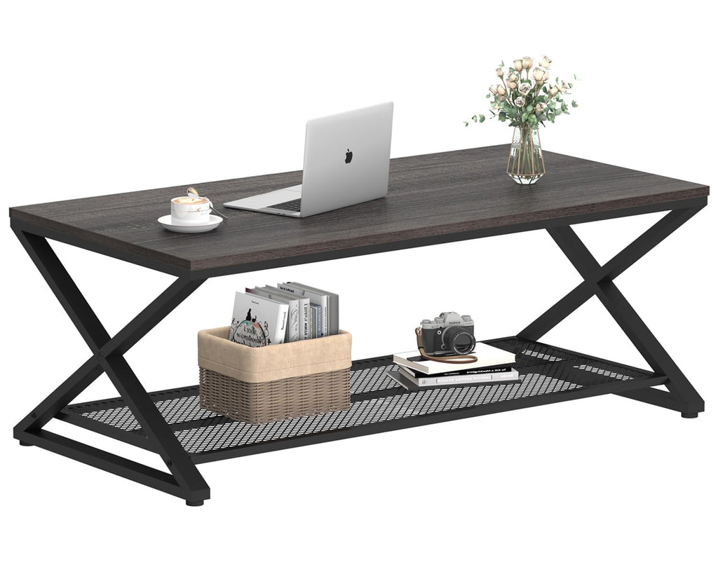 Wood Coffee Table, Center Table with Storage, Dark Gray Oak, 47 Inch