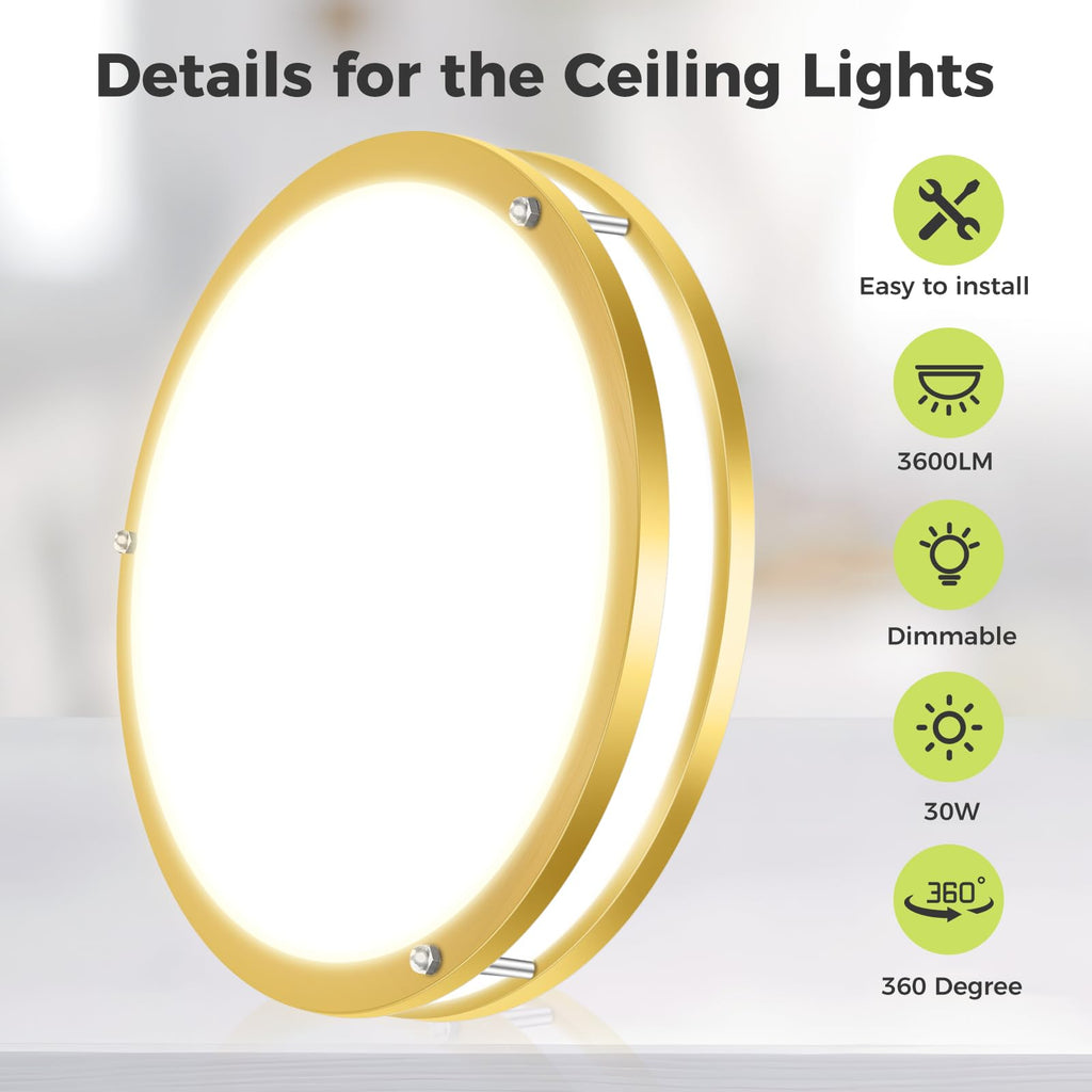 2 Pack Flush Mount Ceiling Light Fixture, Dimmable & 5Color Temperatures Ceiling Light Gold, 16inch 36W 3000K 3500K