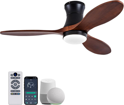 42 Inch Inspired Maverick Style Smart Ceiling Hugger Fan with LED Light & Remote - Flush Mount, Solid Wood Blades, 6-Speed - Black