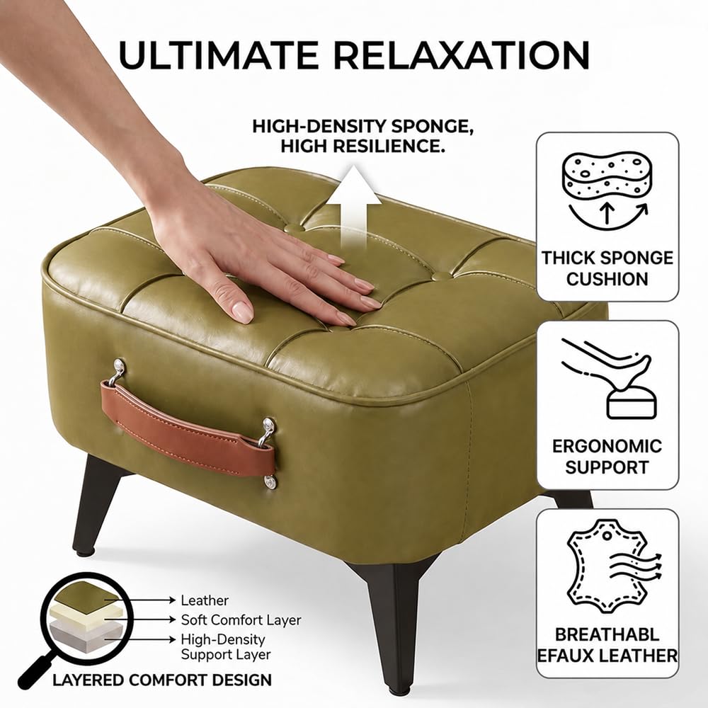 Vintage Style Faux Leather Ottoman Footstool - Wooden Frame, Upholstered Interior, Multi-Use Footrest (Azure Green)